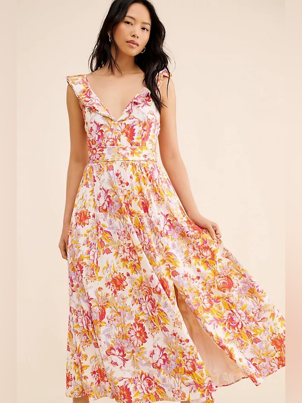 BHLDN Aubree Sleeveless Linen pink Floral Fit & Flare Maxi Dress